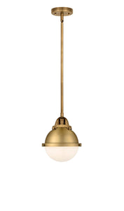 288-1S-BB-HFS-61-BB Stem Hung 7.25" Brushed Brass Mini Pendant - Matte White Hampden Glass - LED Bulb - Dimmensions: 7.25 x 7.25 x 8.875<br>Minimum Height : 17.875<br>Maximum Height : 41.875 - Sloped Ceiling Compatible: Yes