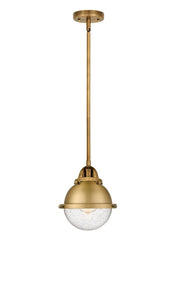 288-1S-BB-HFS-64-BB Stem Hung 7.25" Brushed Brass Mini Pendant - Seedy Hampden Glass - LED Bulb - Dimmensions: 7.25 x 7.25 x 8.875<br>Minimum Height : 17.875<br>Maximum Height : 41.875 - Sloped Ceiling Compatible: Yes