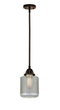 288-1S-OB-G262 Stem Hung 6" Oil Rubbed Bronze Mini Pendant - Vintage Wire Mesh Stanton Glass - LED Bulb - Dimmensions: 6 x 6 x 10.5<br>Minimum Height : 20<br>Maximum Height : 44 - Sloped Ceiling Compatible: Yes