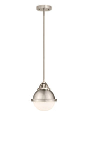 288-1S-SN-HFS-61-SN Stem Hung 7.25" Brushed Satin Nickel Mini Pendant - Matte White Hampden Glass - LED Bulb - Dimmensions: 7.25 x 7.25 x 8.875<br>Minimum Height : 17.875<br>Maximum Height : 41.875 - Sloped Ceiling Compatible: Yes