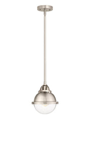 288-1S-SN-HFS-62-SN Stem Hung 7.25" Brushed Satin Nickel Mini Pendant - Clear Hampden Glass - LED Bulb - Dimmensions: 7.25 x 7.25 x 8.875<br>Minimum Height : 17.875<br>Maximum Height : 41.875 - Sloped Ceiling Compatible: Yes