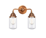 288-2W-AC-G312 2-Light 12.5" Antique Copper Bath Vanity Light - Clear Dover Glass - LED Bulb - Dimmensions: 12.5 x 6.5 x 12.875 - Glass Up or Down: Yes