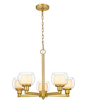 330-5CR-SG-CLW 5-Light 20" Satin Gold Chandelier - White Inner & Clear Outer Cairo Glass Glass - LED Bulb - Dimmensions: 20 x 20 x 14<br>Minimum Height : 18<br>Maximum Height : 66 - Sloped Ceiling Compatible: Yes - Glass Up or Down: No