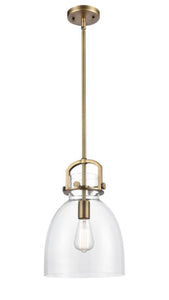 412-1S-BB-10CL-LED Stem Hung 10" Newton Bell Brushed Brass Mini Pendant - Clear Newton Bell Glass