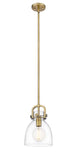 Stem Hung 8" Brushed Brass Mini Pendant - Clear Newton Bell Glass - LED Bulb