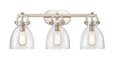 412-3W-SN-7CL 3-Light 27" Brushed Satin Nickel Bath Vanity Light - Clear Large Cone Glass - LED Bulb - Dimmensions: 27 x 8.875 x 12 - Glass Up or Down: Yes