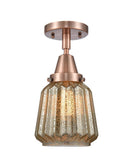 447-1C-AC-G146 1-Light 7" Antique Copper Flush Mount - Mercury Plated Chatham Glass - LED Bulb - Dimmensions: 7 x 7 x 12 - Sloped Ceiling Compatible: No