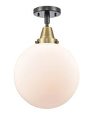 447-1C-BAB-G201-10 1-Light 10" Black Antique Brass Flush Mount - Matte White Cased Beacon Glass - LED Bulb - Dimmensions: 10 x 10 x 12.5 - Sloped Ceiling Compatible: No