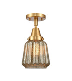 447-1C-SG-G146 1-Light 7" Satin Gold Flush Mount - Mercury Plated Chatham Glass - LED Bulb - Dimmensions: 7 x 7 x 12 - Sloped Ceiling Compatible: No