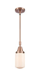 447-1S-AC-G311 Stem Hung 4.5" Antique Copper Mini Pendant - Matte White Cased Dover Glass - LED Bulb - Dimmensions: 4.5 x 4.5 x 11.375<br>Minimum Height : 14.375<br>Maximum Height : 44.375 - Sloped Ceiling Compatible: Yes