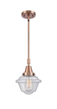 447-1S-AC-G534 Stem Hung 7.5" Antique Copper Mini Pendant - Seedy Small Oxford Glass - LED Bulb - Dimmensions: 7.5 x 7.5 x 9.125<br>Minimum Height : 12.125<br>Maximum Height : 42.125 - Sloped Ceiling Compatible: Yes