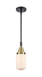 447-1S-BAB-G311 Stem Hung 4.5" Black Antique Brass Mini Pendant - Matte White Cased Dover Glass - LED Bulb - Dimmensions: 4.5 x 4.5 x 11.375<br>Minimum Height : 14.375<br>Maximum Height : 44.375 - Sloped Ceiling Compatible: Yes