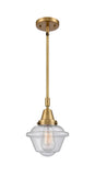 447-1S-BB-G534 Stem Hung 7.5" Brushed Brass Mini Pendant - Seedy Small Oxford Glass - LED Bulb - Dimmensions: 7.5 x 7.5 x 9.125<br>Minimum Height : 12.125<br>Maximum Height : 42.125 - Sloped Ceiling Compatible: Yes