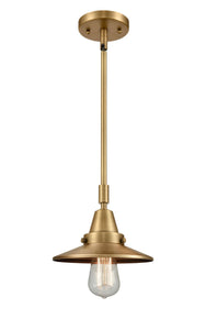 447-1S-BB-M4 Stem Hung 8" Brushed Brass Mini Pendant - Brushed Brass Railroad Shade - LED Bulb - Dimmensions: 8 x 8 x 9.125<br>Minimum Height : 12.125<br>Maximum Height : 42.125 - Sloped Ceiling Compatible: Yes