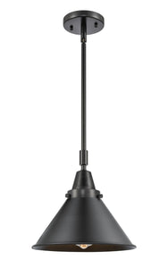 447-1S-BAB-M10-BK Stem Hung 10" Black Antique Brass Mini Pendant - Matte Black Briarcliff Shade - LED Bulb - Dimmensions: 10 x 10 x 11.125<br>Minimum Height : 14.125<br>Maximum Height : 44.125 - Sloped Ceiling Compatible: Yes