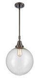 447-1S-OB-G204-12 Stem Hung 12" Oil Rubbed Bronze Mini Pendant - Seedy Beacon Glass - LED Bulb - Dimmensions: 12 x 12 x 16.125<br>Minimum Height : 19.125<br>Maximum Height : 49.125 - Sloped Ceiling Compatible: Yes