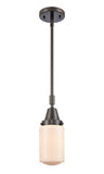 447-1S-OB-G311 Stem Hung 4.5" Oil Rubbed Bronze Mini Pendant - Matte White Cased Dover Glass - LED Bulb - Dimmensions: 4.5 x 4.5 x 11.375<br>Minimum Height : 14.375<br>Maximum Height : 44.375 - Sloped Ceiling Compatible: Yes