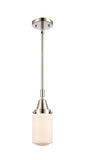 447-1S-PN-G311 Stem Hung 4.5" Polished Nickel Mini Pendant - Matte White Cased Dover Glass - LED Bulb - Dimmensions: 4.5 x 4.5 x 11.375<br>Minimum Height : 14.375<br>Maximum Height : 44.375 - Sloped Ceiling Compatible: Yes