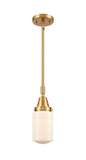 447-1S-SG-G311 Stem Hung 4.5" Satin Gold Mini Pendant - Matte White Cased Dover Glass - LED Bulb - Dimmensions: 4.5 x 4.5 x 11.375<br>Minimum Height : 14.375<br>Maximum Height : 44.375 - Sloped Ceiling Compatible: Yes