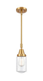 447-1S-SG-G312 Stem Hung 4.5" Satin Gold Mini Pendant - Clear Dover Glass - LED Bulb - Dimmensions: 4.5 x 4.5 x 11.375<br>Minimum Height : 14.375<br>Maximum Height : 44.375 - Sloped Ceiling Compatible: Yes