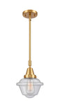 447-1S-SG-G534 Stem Hung 7.5" Satin Gold Mini Pendant - Seedy Small Oxford Glass - LED Bulb - Dimmensions: 7.5 x 7.5 x 9.125<br>Minimum Height : 12.125<br>Maximum Height : 42.125 - Sloped Ceiling Compatible: Yes