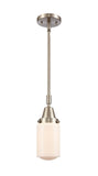 447-1S-SN-G311 Stem Hung 4.5" Brushed Satin Nickel Mini Pendant - Matte White Cased Dover Glass - LED Bulb - Dimmensions: 4.5 x 4.5 x 11.375<br>Minimum Height : 14.375<br>Maximum Height : 44.375 - Sloped Ceiling Compatible: Yes