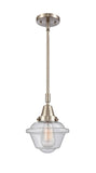 447-1S-SN-G534 Stem Hung 7.5" Brushed Satin Nickel Mini Pendant - Seedy Small Oxford Glass - LED Bulb - Dimmensions: 7.5 x 7.5 x 9.125<br>Minimum Height : 12.125<br>Maximum Height : 42.125 - Sloped Ceiling Compatible: Yes