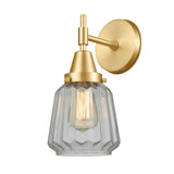447-1W-SG-G142 1-Light 7" Satin Gold Sconce - Clear Chatham Glass - LED Bulb - Dimmensions: 7 x 8.375 x 12 - Glass Up or Down: Yes