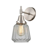 447-1W-SN-G142 1-Light 7" Satin Nickel Sconce - Clear Chatham Glass - LED Bulb - Dimmensions: 7 x 8.375 x 12 - Glass Up or Down: Yes