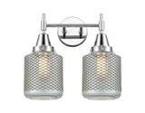 447-2W-PC-G262 2-Light 15" Polished Chrome Bath Vanity Light - Vintage Wire Mesh Stanton Glass - LED Bulb - Dimmensions: 15 x 8.25 x 13 - Glass Up or Down: Yes