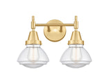 447-2W-SG-G322 2-Light 15.75" Satin Gold Bath Vanity Light - Clear Olean Glass - LED Bulb - Dimmensions: 15.75 x 8.625 x 10.25 - Glass Up or Down: Yes