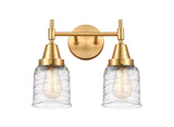 447-2W-SG-G513 2-Light 14" Satin Gold Bath Vanity Light - Clear Deco Swirl Small Bell Glass - LED Bulb - Dimmensions: 14 x 7.75 x 11 - Glass Up or Down: Yes