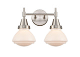447-2W-SN-G321 2-Light 15.75" Satin Nickel Bath Vanity Light - Matte White Olean Glass - LED Bulb - Dimmensions: 15.75 x 8.625 x 10.25 - Glass Up or Down: Yes
