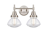 447-2W-SN-G322 2-Light 15.75" Satin Nickel Bath Vanity Light - Clear Olean Glass - LED Bulb - Dimmensions: 15.75 x 8.625 x 10.25 - Glass Up or Down: Yes