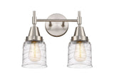 447-2W-SN-G513 2-Light 14" Satin Nickel Bath Vanity Light - Clear Deco Swirl Small Bell Glass - LED Bulb - Dimmensions: 14 x 7.75 x 11 - Glass Up or Down: Yes
