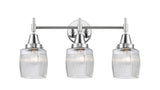 447-3W-PC-G302 3-Light 23.5" Polished Chrome Bath Vanity Light - Thick Clear Halophane Colton Glass - LED Bulb - Dimmensions: 23.5 x 8 x 11.25 - Glass Up or Down: Yes