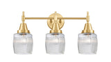 447-3W-SG-G302 3-Light 23.5" Satin Gold Bath Vanity Light - Thick Clear Halophane Colton Glass - LED Bulb - Dimmensions: 23.5 x 8 x 11.25 - Glass Up or Down: Yes