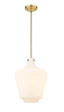 493-1S-SG-G501-12 Stem Hung 12" Satin Gold Mini Pendant - Matte White Cased Lowell Glass - LED Bulb - Dimmensions: 12 x 12 x 16.25<br>Minimum Height : 25.25<br>Maximum Height : 49.25 - Sloped Ceiling Compatible: Yes