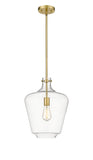 493-1S-SG-G502-12 Stem Hung 12" Satin Gold Mini Pendant - Clear Lowell Glass - LED Bulb - Dimmensions: 12 x 12 x 16.25<br>Minimum Height : 25.25<br>Maximum Height : 49.25 - Sloped Ceiling Compatible: Yes