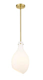 493-1S-SG-G551-9 Stem Hung 8.5" Satin Gold Mini Pendant - Matte White Cased Salem Glass - LED Bulb - Dimmensions: 8.5 x 8.5 x 16<br>Minimum Height : 25<br>Maximum Height : 49 - Sloped Ceiling Compatible: Yes