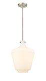 493-1S-SN-G501-12 Stem Hung 12" Brushed Satin Nickel Mini Pendant - Matte White Cased Lowell Glass - LED Bulb - Dimmensions: 12 x 12 x 16.25<br>Minimum Height : 25.25<br>Maximum Height : 49.25 - Sloped Ceiling Compatible: Yes