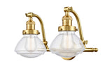 515-2W-SG-G324 2-Light 18.75" Satin Gold Bath Vanity Light - Seedy Olean Glass - LED Bulb - Dimmensions: 18.75 x 10.375 x 12.75 - Glass Up or Down: Yes