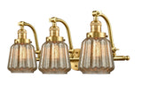 515-3W-SG-G146 3-Light 28" Satin Gold Bath Vanity Light - Mercury Plated Chatham Glass - LED Bulb - Dimmensions: 28 x 10 x 12 - Glass Up or Down: Yes