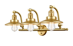 3-Light 28" Satin Gold Bath Vanity Light - Satin Gold Railroad Metal Shade - LED Bulbs