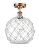 1-Light 10" Antique Copper Semi-Flush Mount - Clear Large Farmhouse Glass with White Rope Glass LED