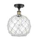 516-1C-BAB-G122-10RW 1-Light 10" Black Antique Brass Semi-Flush Mount - Clear Large Farmhouse Glass with White Rope Glass - LED Bulb - Dimmensions: 10 x 10 x 15 - Sloped Ceiling Compatible: No