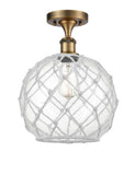 516-1C-BB-G122-10RW 1-Light 10" Brushed Brass Semi-Flush Mount - Clear Large Farmhouse Glass with White Rope Glass - LED Bulb - Dimmensions: 10 x 10 x 15 - Sloped Ceiling Compatible: No