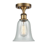 516-1C-BB-G2812 1-Light 6.25" Brushed Brass Semi-Flush Mount - Fishnet Hanover Glass - LED Bulb - Dimmensions: 6.25 x 6.25 x 13 - Sloped Ceiling Compatible: No