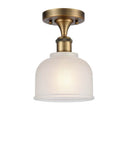 516-1C-BB-G411 1-Light 5.5" Brushed Brass Semi-Flush Mount - White Dayton Glass - LED Bulb - Dimmensions: 5.5 x 5.5 x 10.5 - Sloped Ceiling Compatible: No