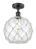 516-1C-BK-G122-10RW 1-Light 10" Matte Black Semi-Flush Mount - Clear Large Farmhouse Glass with White Rope Glass - LED Bulb - Dimmensions: 10 x 10 x 15 - Sloped Ceiling Compatible: No